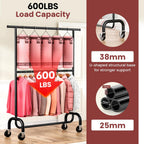 Heavy Duty Clothes Rack Load 600 LBS, Rolling Clothing Rack for Hanging Clothes with Lockable Wheels, Double Rod Garment Rack for Bedroom, Laundry, Living Room, Black