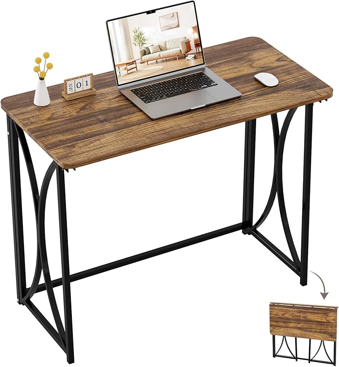 Folding Desk, 31.5" Small Desk for Bedroom, Space Saving Foldable Computer Desk for Home Office, Easy Assembly, Brown