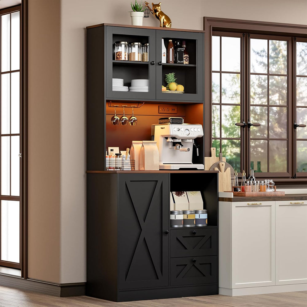 71‘’Kitchen Pantry Storage Cabinet with LED Lights and Power Outlet, Tall Far...