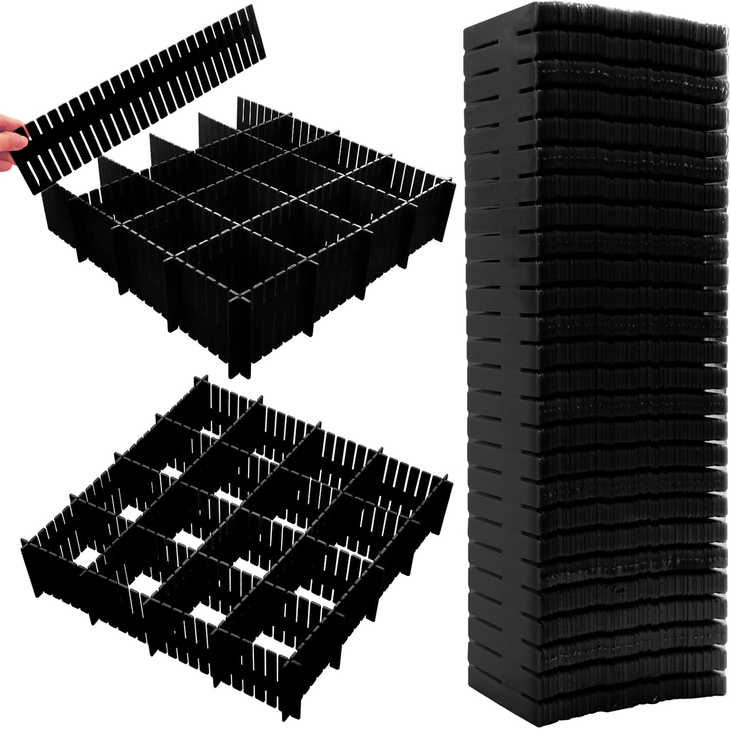 45 Pack Drawer Dividers, Plastic Adjustable Drawer Storage Organizer for Tidying Clutter Socks, Underwear, Makeup, Kitchen, Dresser Black