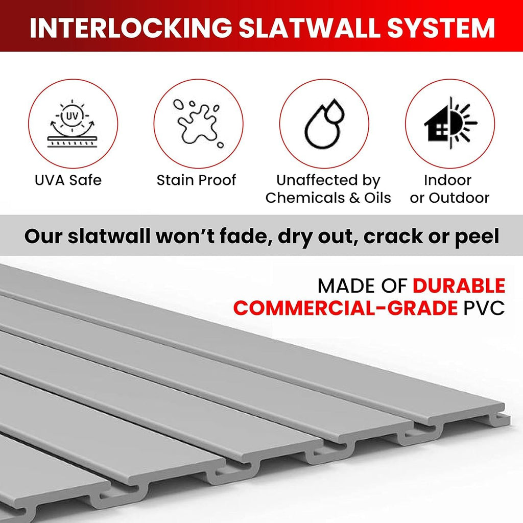 DLDIRECT 3 Colors - White Slatwall Panel Garage Organizer: Heavy Duty Wall Mounted PVC Rack, Interlocking Slat Paneling for Garage Storage, Slotwall Board, Shelves System