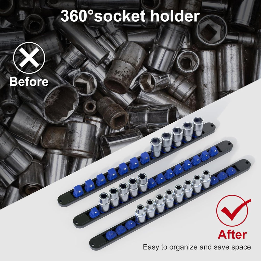 FivePears 3PCS 360° Socket Organizer Twist Lock,3/8 1/4 1/2 Socket Storage Rails, Premium Quality Socket Holders for Tool Box ，Tool Carts，Contains up to 40 Clips (Blue, Red and Black)