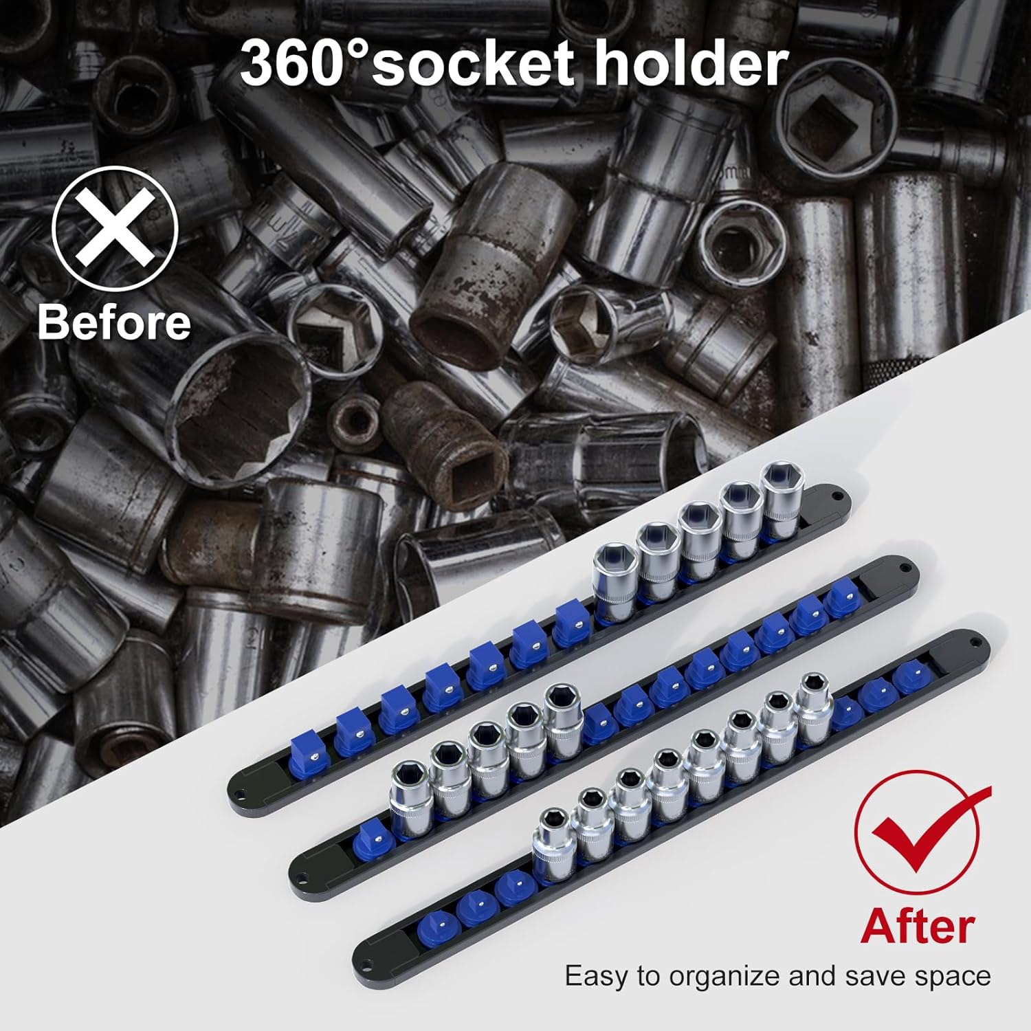 FivePears 3PCS 360° Socket Organizer Twist Lock,3/8 1/4 1/2 Socket Storage Rails, Premium Quality Socket Holders for Tool Box ，Tool Carts，Contains up to 40 Clips (Blue, Red and Black)