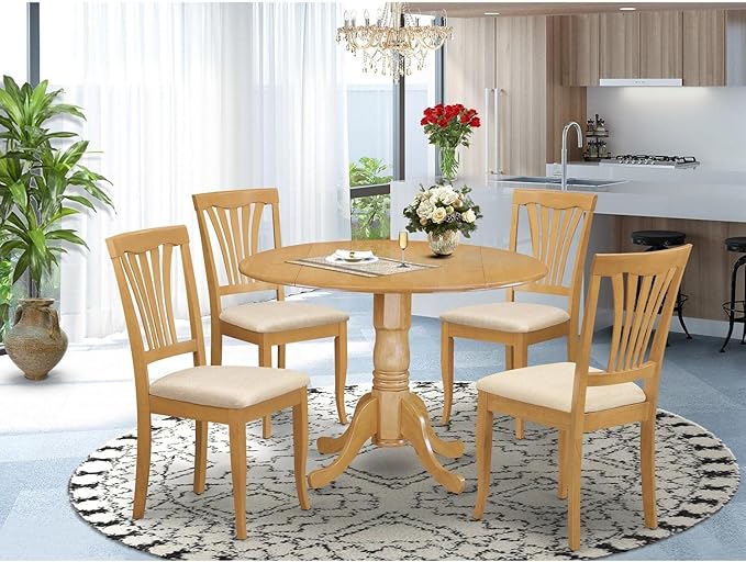 East West Furniture DLAV5-OAK-C 5 Piece Kitchen Table & Chairs Set Includes a Round Dining Table with Dropleaf and 4 Linen Fabric Dining Room Chairs, 42x42 Inch, Oak
