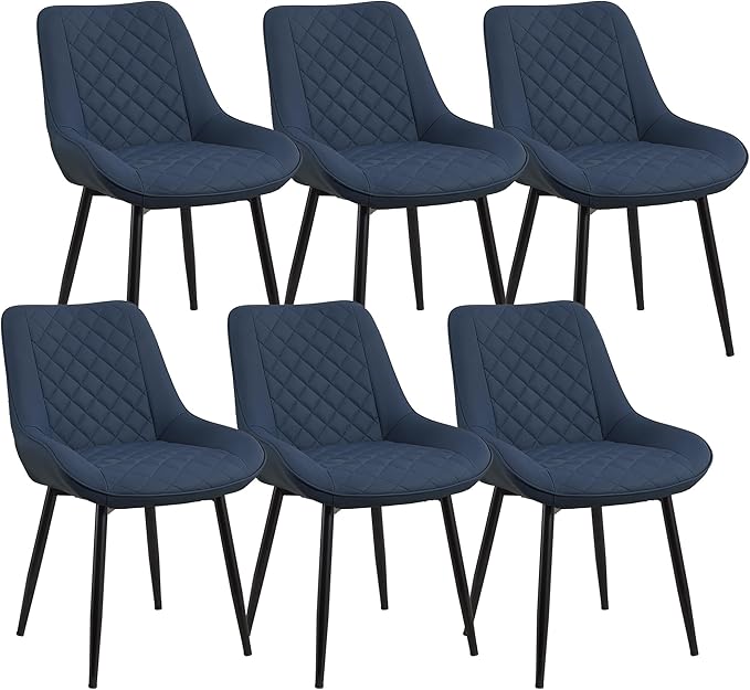Dining Chair Set of 6, Modern Dining Chairs with Thick Cushions, Faux Leather Upholstered Kitchen Dining Room Chairs with Metal Adjustable Legs for Dining Living Room, Blue