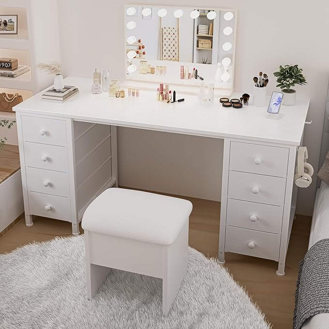 White Vanity Desk No Mirror - 47 Inch White Office Computer Desk with 8 Fabric Drawers on Both Sides for Girls, Makeup Work Writing Study Desks, Vanity Table No Mirror for Bedroom