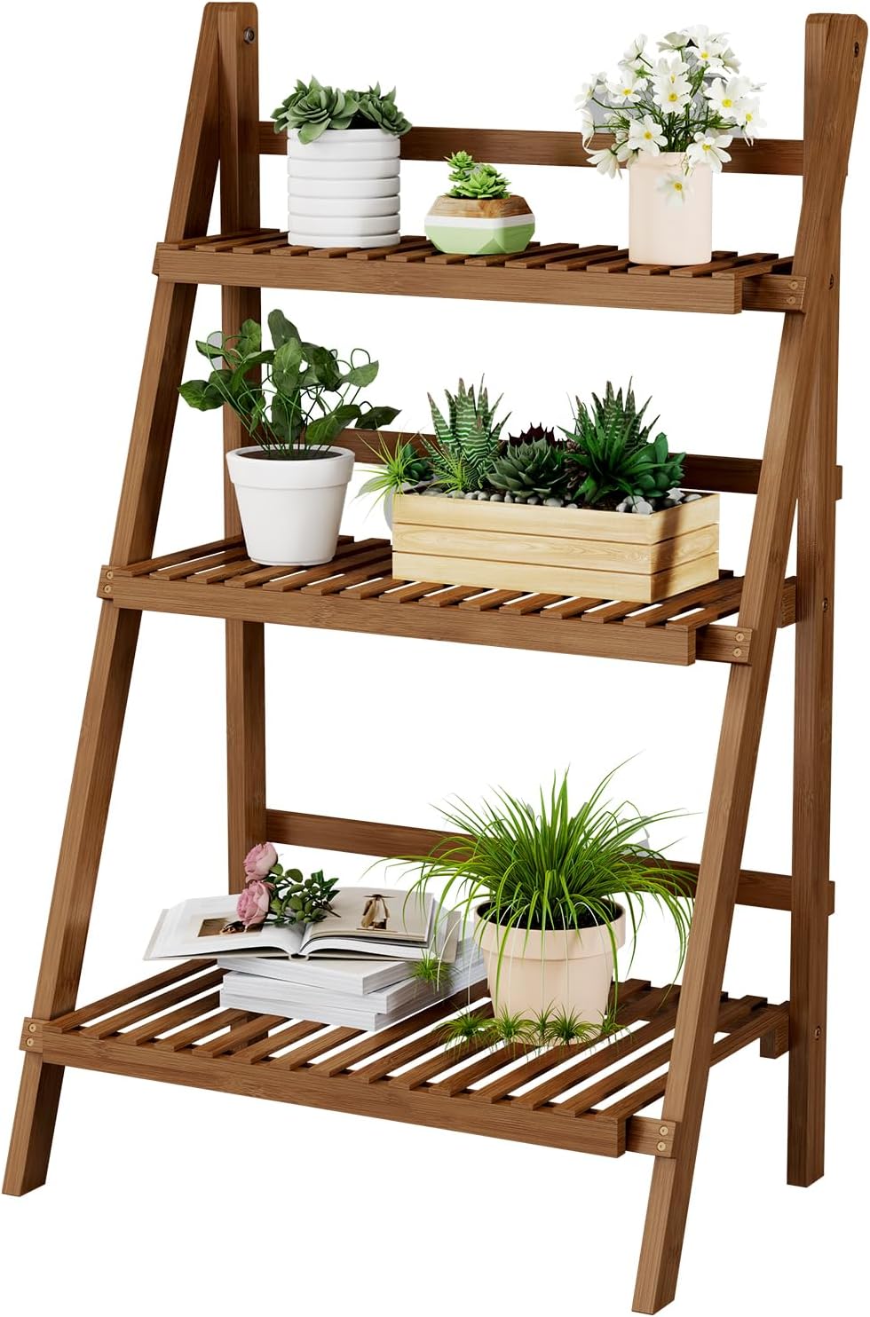 Bamboo Ladder Shelf 3-Tier Foldable Plant Stand, 23.6"W x 15"D x 39...