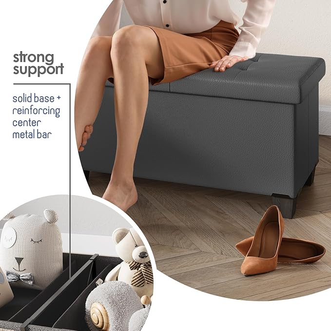 STORAGEBUD Storage Ottoman Bench with Bins, 43-in Storage Bench for Bedroom End of Bed, Folding Foot Rest Ottoman for Living Room Max 660lbs, Faux Leather Ottomans, Grey