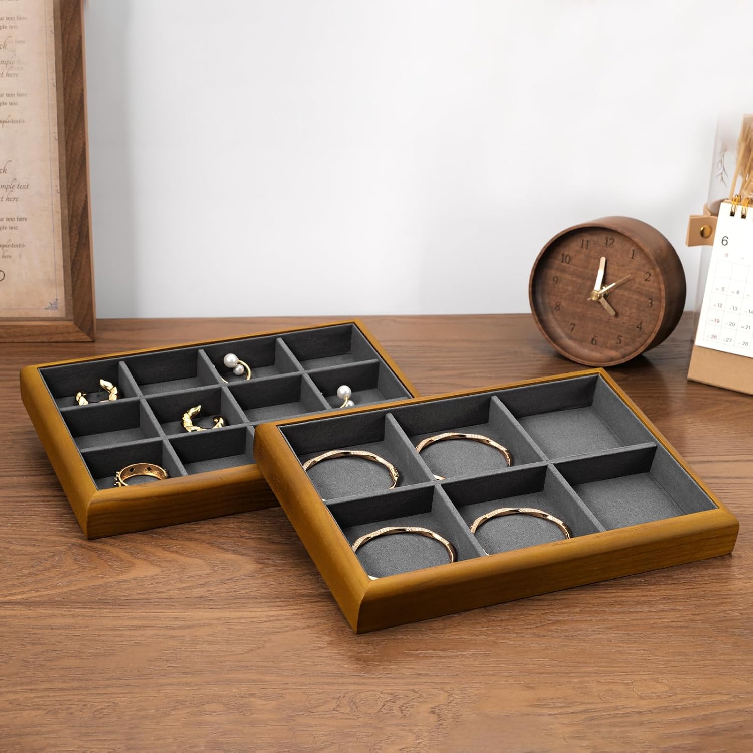 Oirlv Solid Wood Multifunctional Ring Earrings Studs Bangle Jewelry Organizer Tray Jewelry Drawer Organizer(Grey)