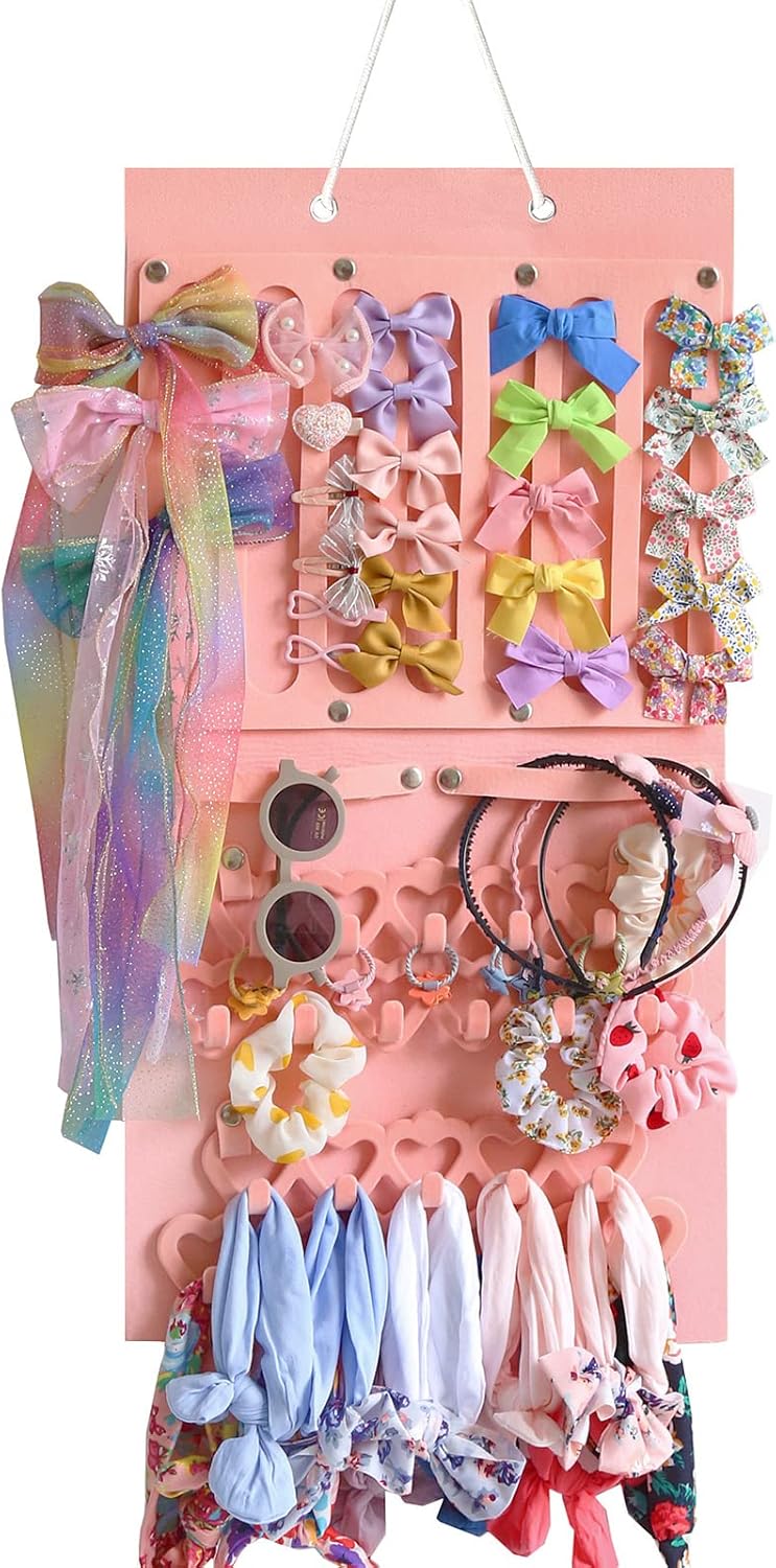Hanging Jewelry Organizer for Girls Storage Holder Display Board Felt Wall with Detachable hooks Headband Holder Hair Clips Hair Ties Earrings Necklace Hair Clips Home Decor Pink