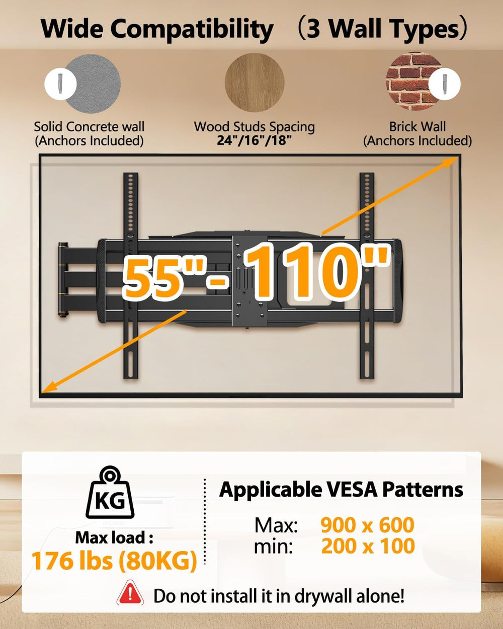 FORGING MOUNT 43–110 inch Long Arm Full Motion TV Wall Mount Holds 176 lbs, V...