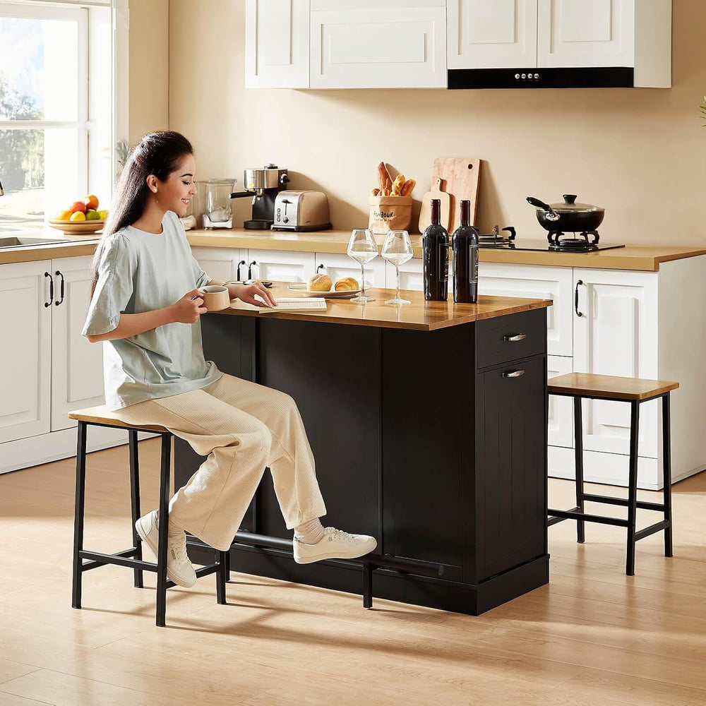 ONBRILL 47" Kitchen Island with Trash Can Storage, Include 2 Chairs, Bla...