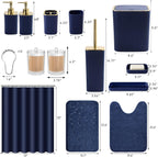 Bathroom Set with Shower Curtain and Rugs- 25PC Blue Bathroom Accessory Set, Navy Blue Shower Curtain Set, Toilet Brush, Trash Can, Qtip Holder Dispenser & Soap Dispenser