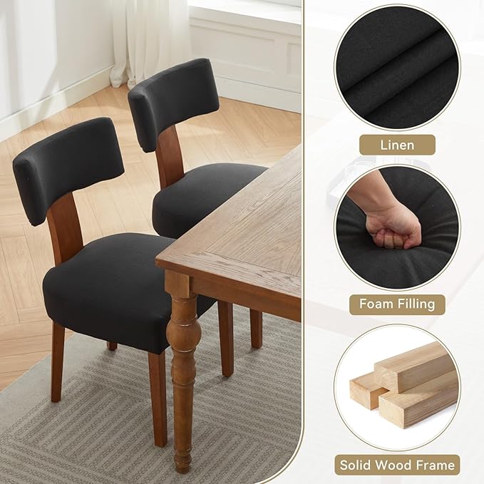 Dining Chairs Set of 4 Upholstered Dining Chairs, Mid Century Modern Kitchen Chairs with Solid Wood Legs and Ergonomic Curved Backrest, Black Linen Fabric (Black, Set of 4)