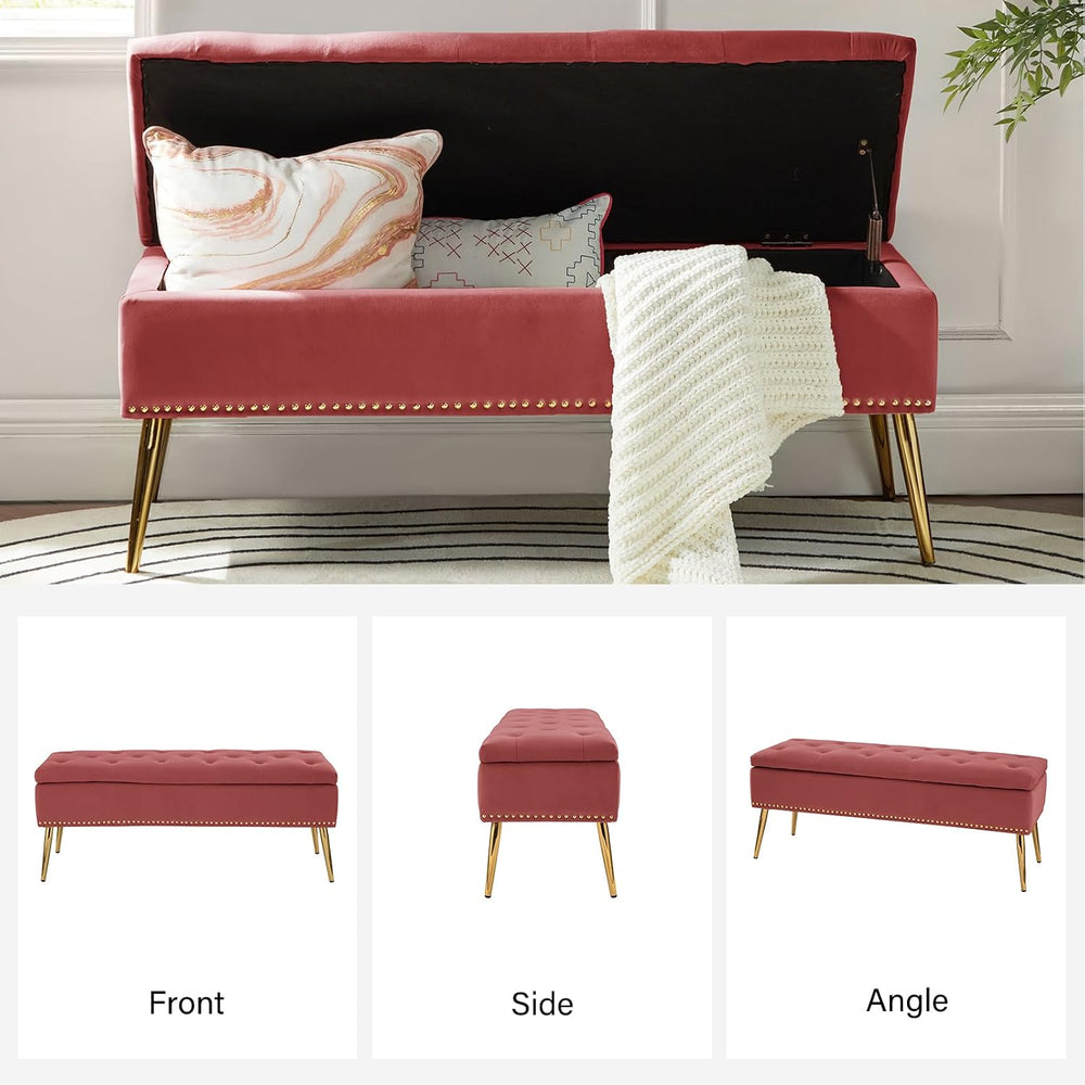 HULALA HOME Modern Velvet Storage Ottoman Bench with Gold Base & Nailhead...