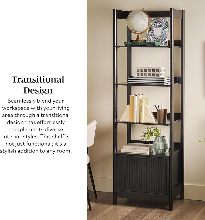 Walker Edison Transitional Reeded Narrow Open Bookshelf with Drawer Home Office Living Room, Bedroom, 4-Shelf Bookcase with Bottom Storage, 22 Inch, Black