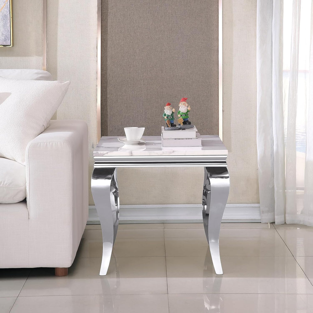 Marble End Table, Modern White Faux Marble Sofa Side Table with Silver Stainl...