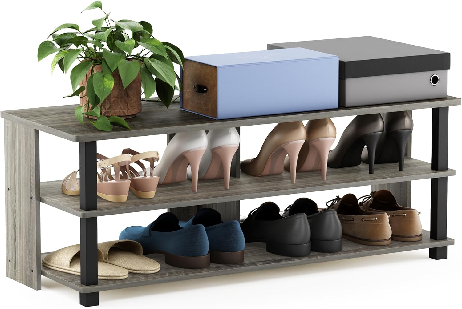 Furinno Turn-N-Tube Shoe Rack, 3-Tier Shoe Organizer, Compact Shoe Storage with Open Shelves, 15.5 x 41.1 x 15.8, for Closet Entryway, Office, Garage, French Oak/Black