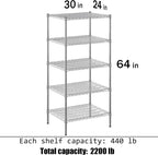 24" Deep x 30" Wide x 64" Height Wire Shelving Kit | 5-Tier | NSF Commercial Storage Rack Unit