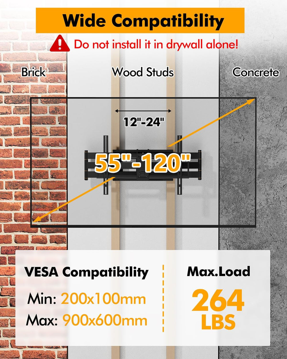Heavy Duty XXL Long Arm TV Wall Mount for 55-120 inch Extra Large TVs | Holds...