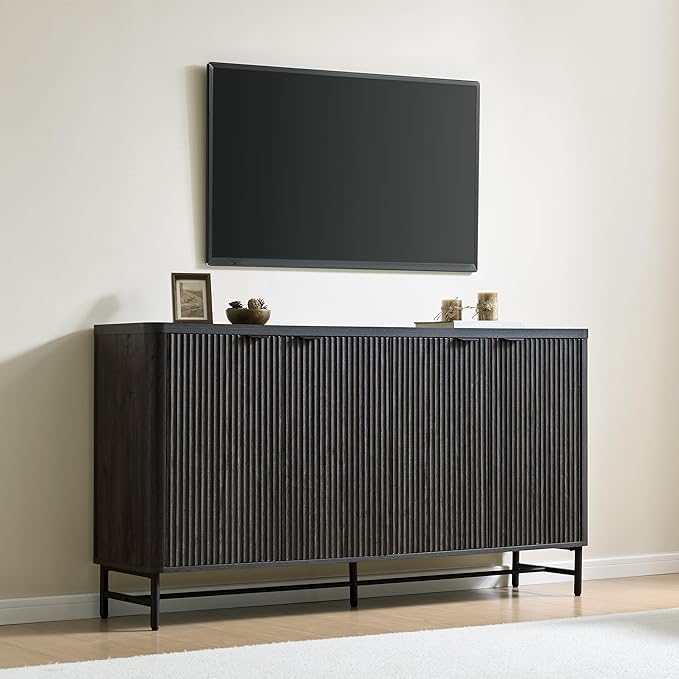 65" Large Sideboard Buffet Cabinet with Storage, Set of 2 Modern Fluted Credenza Accent Coffee Bar Console Tables with Doors & Adjustable Shelves for Living Room or Hallway, Black & Grey
