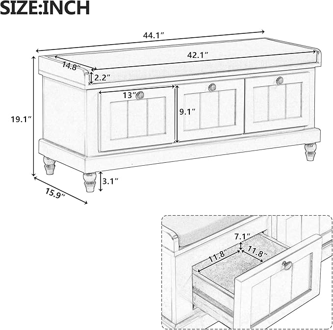 Merax Classic Storage Bench with Cushioned Seat and Three Drawers for Entryway & Living Room & Bedroom, Espresso
