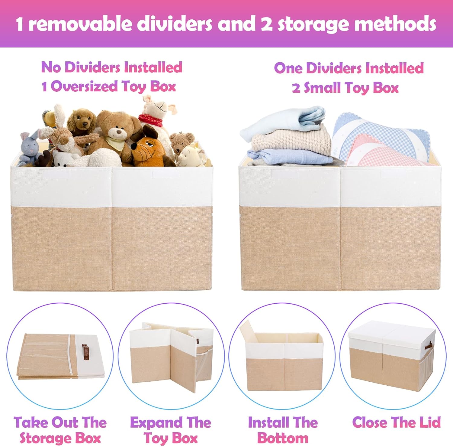Large Toy Storage Box with Lid, Collapsible Sturdy Toys Storage Organizer Chest Bin Basket with Divider for Kids, Boys, Girls, Closet, Playroom, Bedroom, Nursery, 26"x17"x17" (Beige and White)
