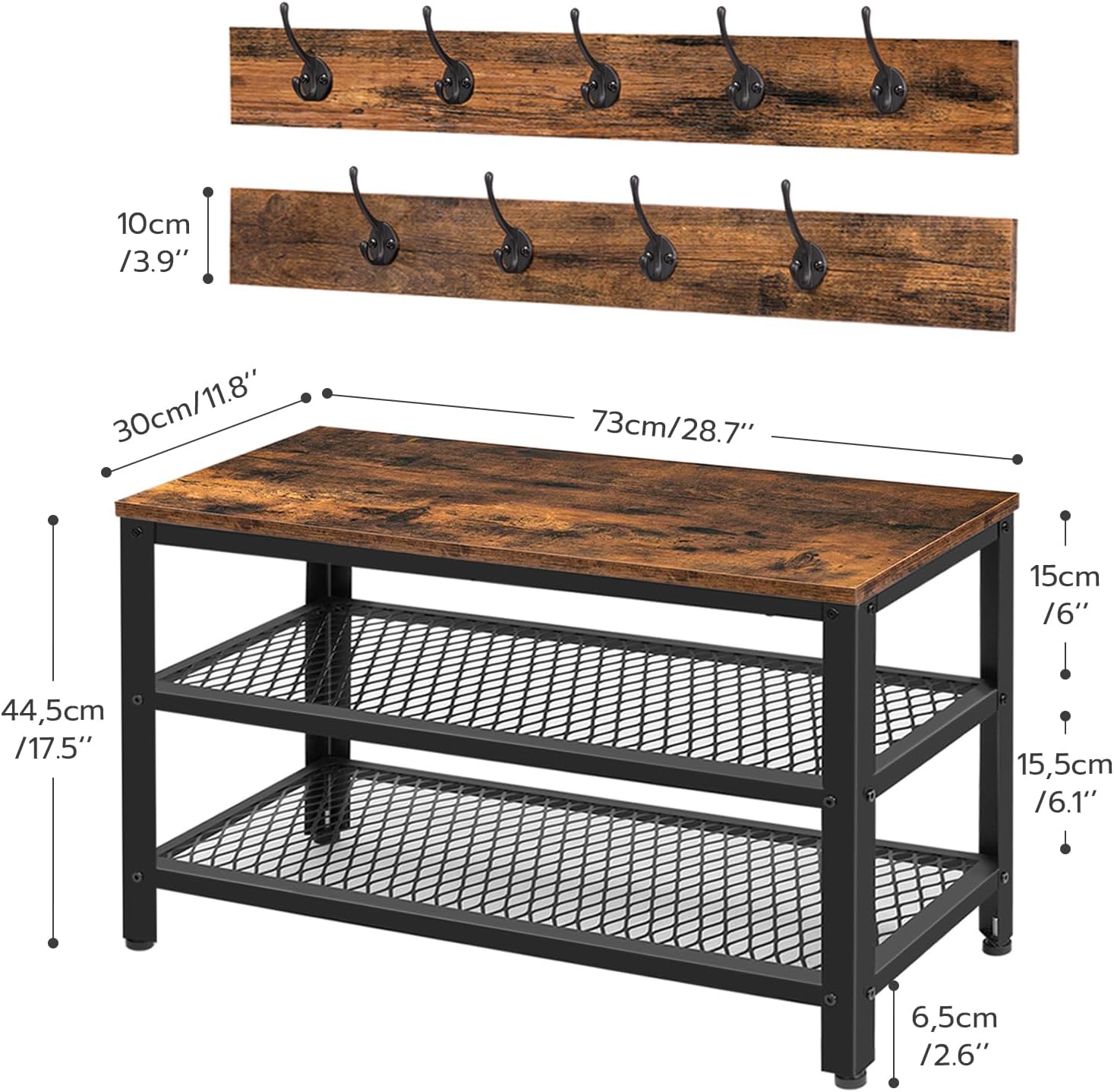 HOOBRO Hall Tree Entryway Storage Bench, Coat Rack Shoe Bench, Shoe Rack Organizer with Coat Hooks, 3-in-1 Design, Wooden Furniture with Metal Frame, Rustic Brown and Black BF17MT01