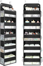 Yecaye 2 Pc Over the Door Organizer with 5 Bins 10 Side Pockets, 44lbs Load Hanging Bathroom and Bedroom Organizer, behind the Door Hanging Organizers for Nursery Newborn Baby Essential Stuff Black