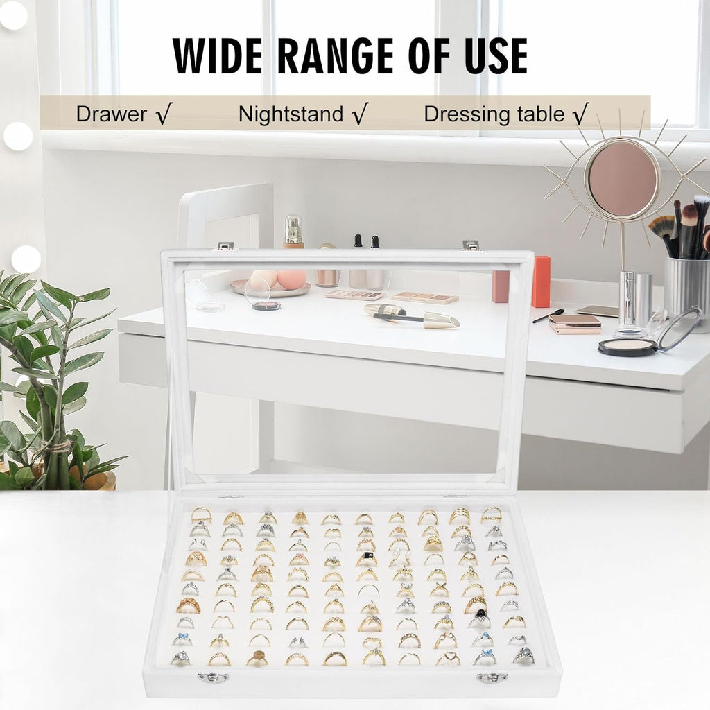 Velvet Ring Display Tray Organizer Box with Transparent Lid, 100 Slot Ring Holder Showcase For Store Display Jewelry Show Home, Ring Organizer For Rings Earrings (Ivory)