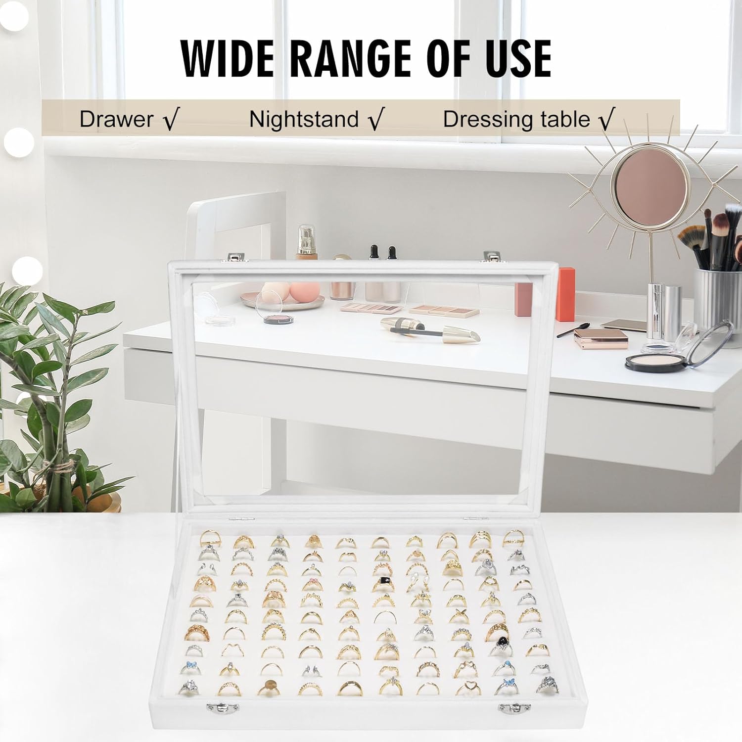 Velvet Ring Display Tray Organizer Box with Transparent Lid, 100 Slot Ring Holder Showcase For Store Display Jewelry Show Home, Ring Organizer For Rings Earrings (Ivory)
