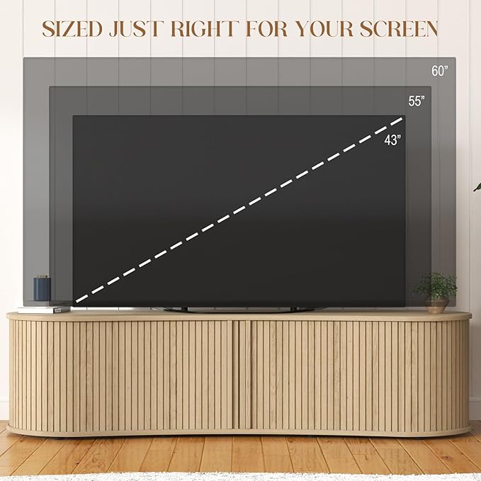Fluted TV Stand with Storage Cabinet, 59″ Media Console with Sliding Tambour Door, Mid Century Modern Entertainment Center for Living Room, Oval Light Wood TV Stand for Bedroom (Oak)