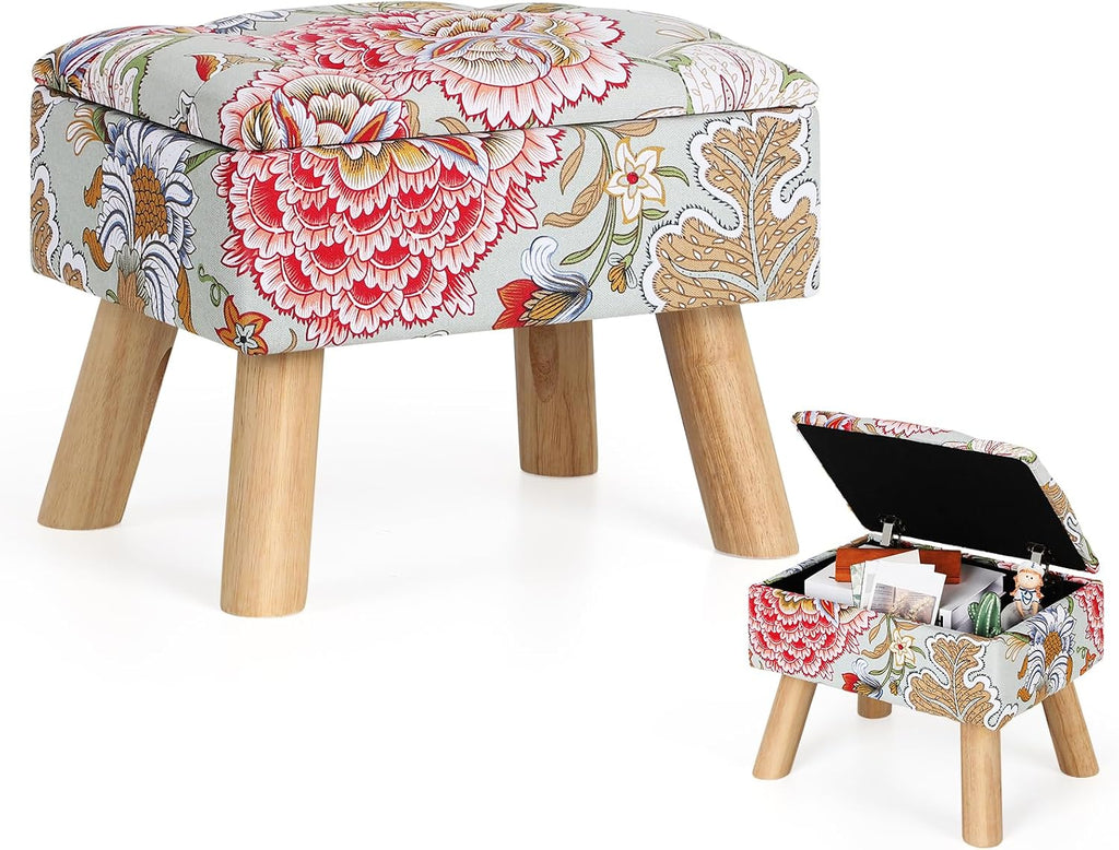 ETELI Small Foot Stool Ottoman with Storage Versatile Square Storage Ottoman Boho Foot Rest with Sturdy Wood Legs Floral Footstools and Ottomans for Living Room Bedroom and Enterway