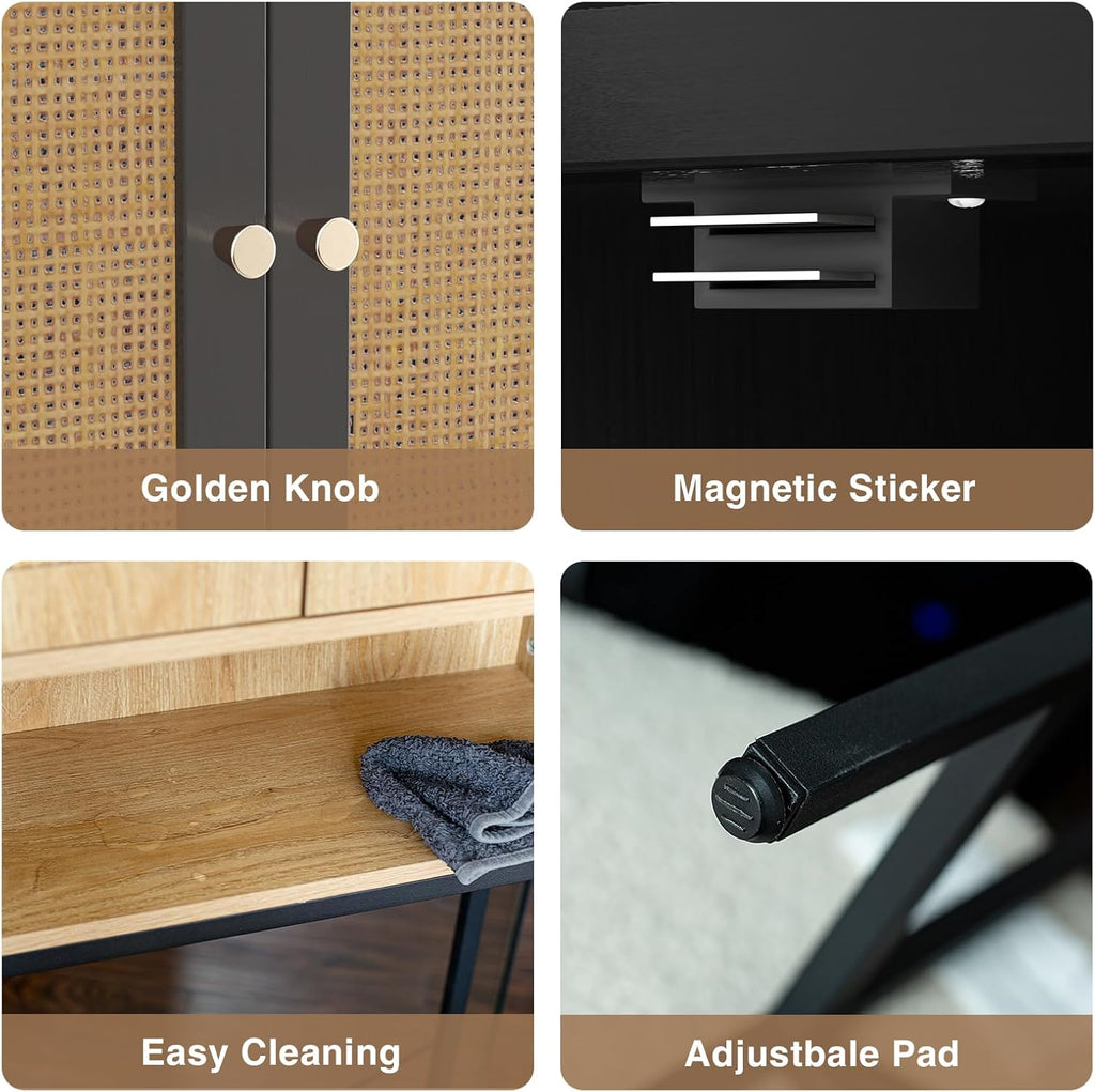 Rattan Toilet Storage Cabinet, Over The Rack Wood Cabinet with Metal Stand, Bathroom Organizer with Adjustable Shelf, Tall Freestanding Washer Shelf, Small Cupboard, Black
