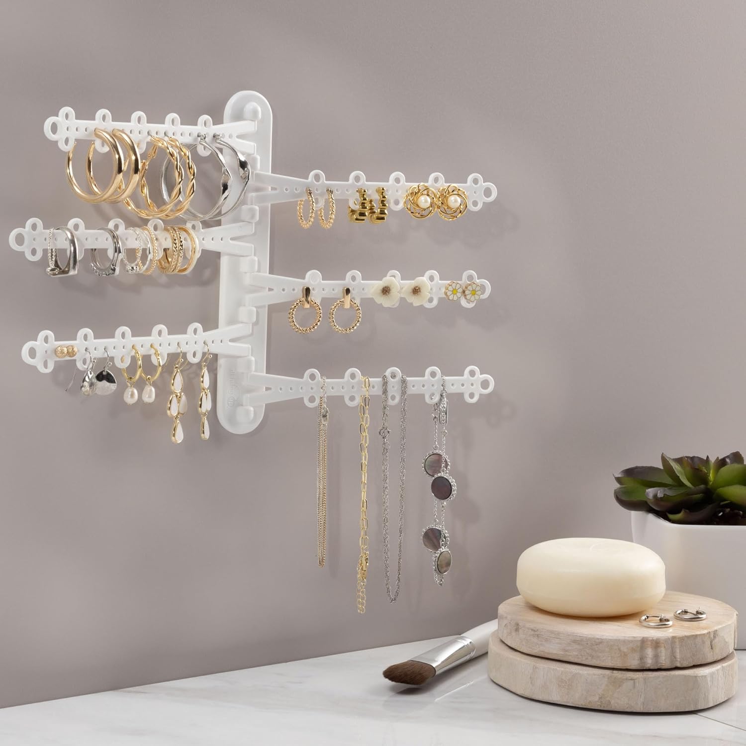 All Hung Up 6-Tier Wall Jewelry Organizer–Jewelry Holder for Necklaces, Earrings, Rings & Bracelets, Rotating Branches Wall Mounted Jewelry Organizer 120 Earring Holes, No-Drill Installation (White)