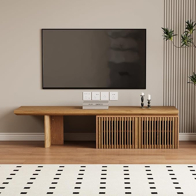 XEW Extendable TV Stand with Storage and Shelves, Wood Entertainment Center for 55+ Inch TV, Modern TV Console, Minimalist Media Console for Living Room, Bedroom-Wood (Extendable: 78.7"-110")