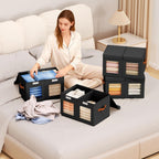 Large Closet Storage Bins - Collapsible Divided Clothes Organizer with Lids & Dual Window, Fabric Organizing Bins for Clothes, Sweater, Toys, Bedroom, Office (Black, 3 Pack)