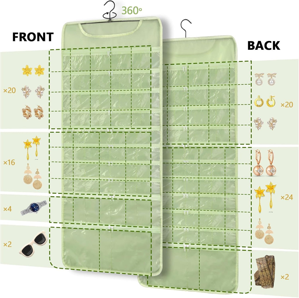FOREGOER Hanging Jewelry Organizer with 88 Zippered Pockets, Dustproof Foldable for Travel, Accessories Organizer for Holding Jewelries, Earring Organizers and Storage (Green)