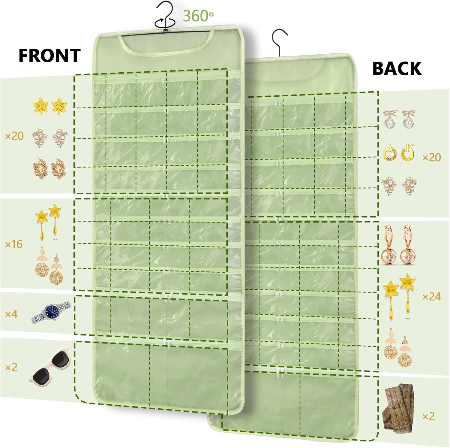 FOREGOER Hanging Jewelry Organizer with 88 Zippered Pockets, Dustproof Foldable for Travel, Accessories Organizer for Holding Jewelries, Earring Organizers and Storage (Green)
