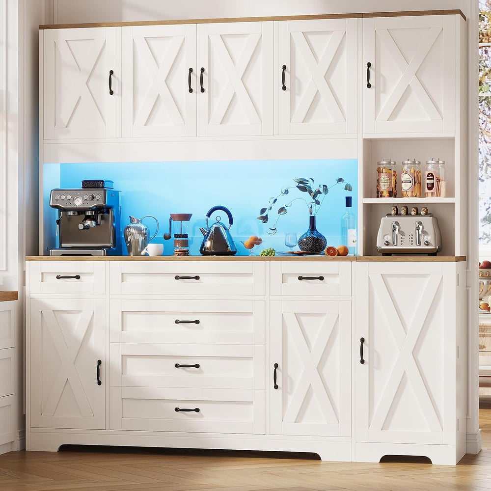 71" Farmhouse Pantry Cabinet with LED Lighting and Charging Station, Tal...