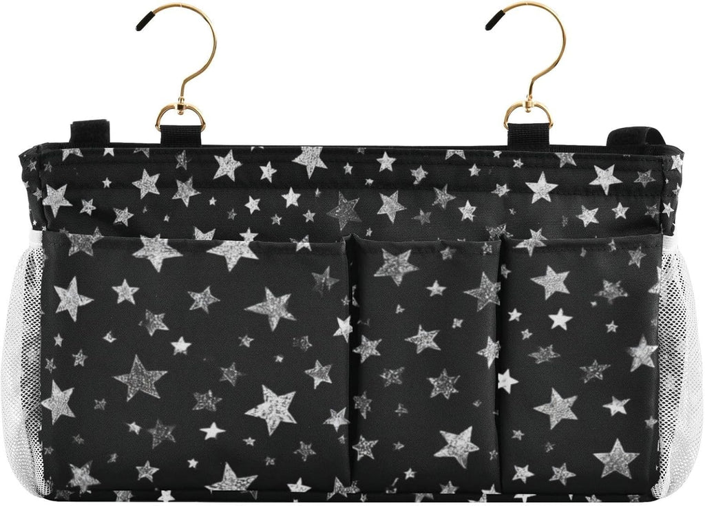 Sparkly Silver Stars Bedside Caddy for Dorm Bed Bedside Hanging Caddy Bag Iron Frame Storage Organizer Pocket for Bunk Home College Hospital Beds 2 Hooks