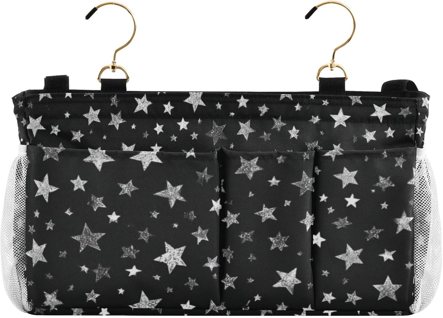 Sparkly Silver Stars Bedside Caddy for Dorm Bed Bedside Hanging Caddy Bag Iron Frame Storage Organizer Pocket for Bunk Home College Hospital Beds 2 Hooks