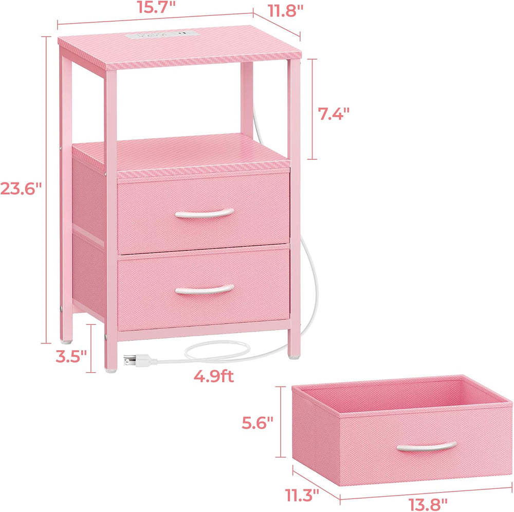 Huuger Nightstand with Charging Station, Side Table with Fabric Drawers, End ...