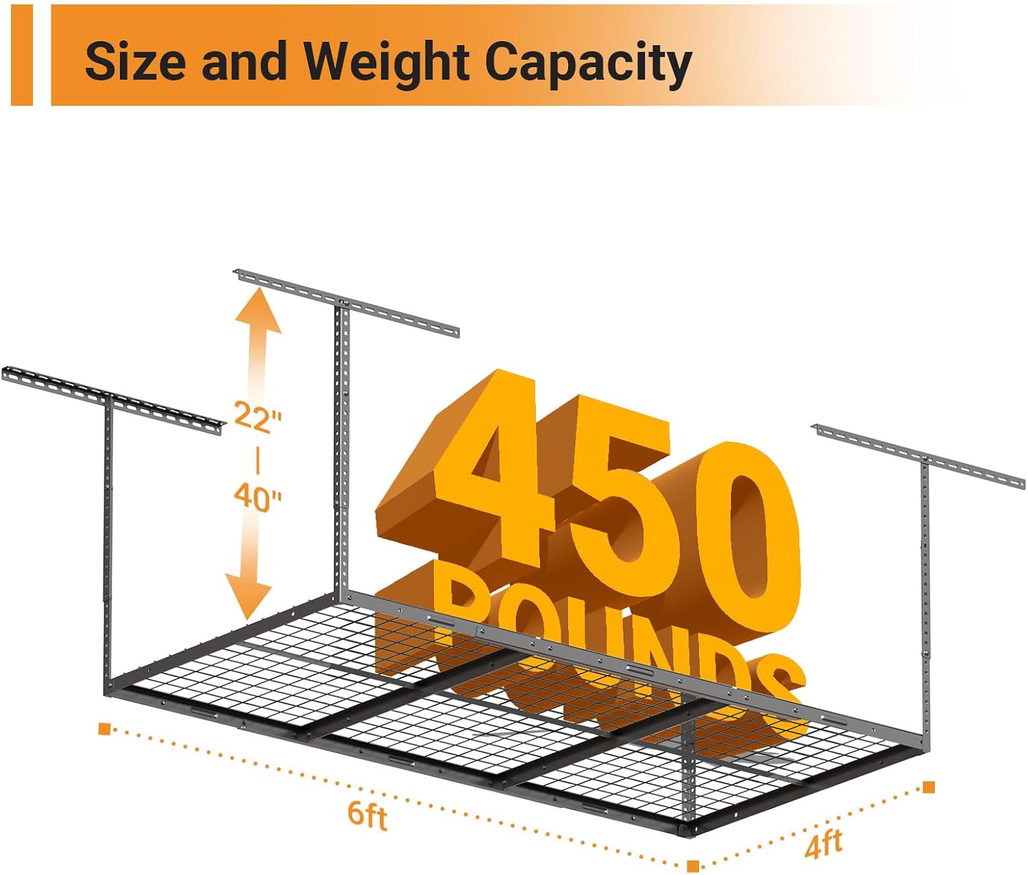 4x6ft Overhead Garage Storage Rack, Heavy Duty Metal Ceiling Shelf, 22'' to 40" Adjustable Dropdown, 450lbs Loading Weight Capacity, Black
