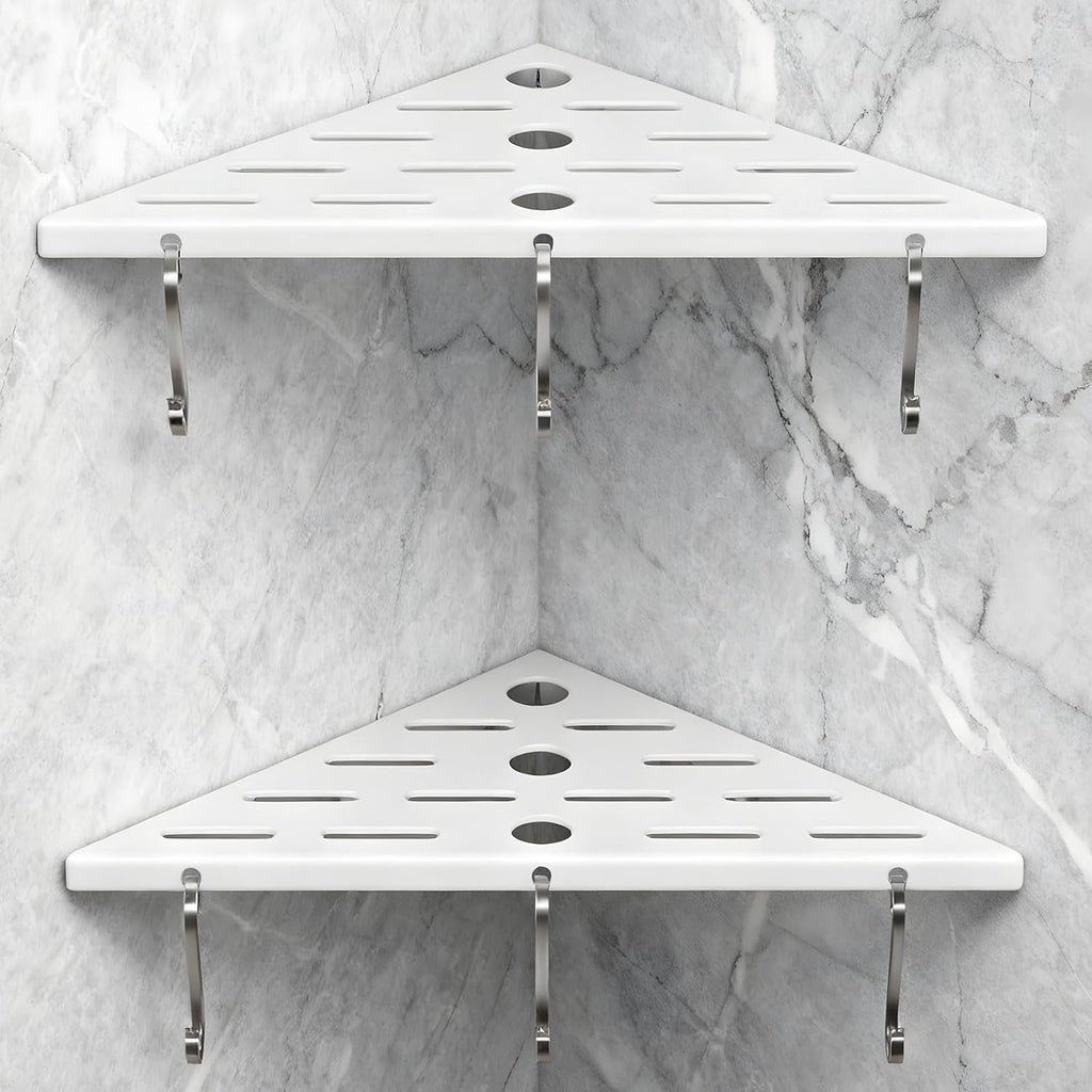 Shower Corner Shelf 304 Stainless Steel Shower Caddy 2 Tier Shower Organizer Niche Extra 6 Hangers Shelves 40 lbs Large Capacity Bathroom Storage for Inside Anti-Rust Drilling Installation(White)