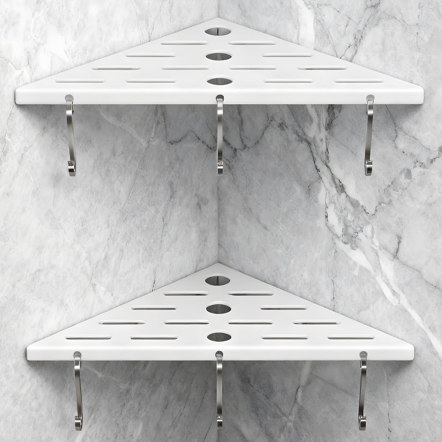 Shower Corner Shelf 304 Stainless Steel Shower Caddy 2 Tier Shower Organizer Niche Extra 6 Hangers Shelves 40 lbs Large Capacity Bathroom Storage for Inside Anti-Rust Drilling Installation(White)