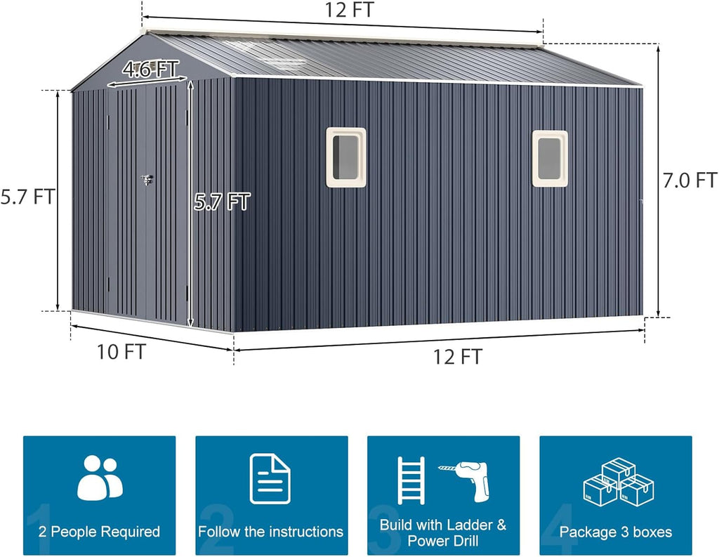 Restland 10x12 FT Metal Storage Shed Reinforced Frame Outdoor Shed with Clear Roof, Air Vent & Lockable Door Large Garden Tool Storage Sheds for Backyard, Garden, Lawn
