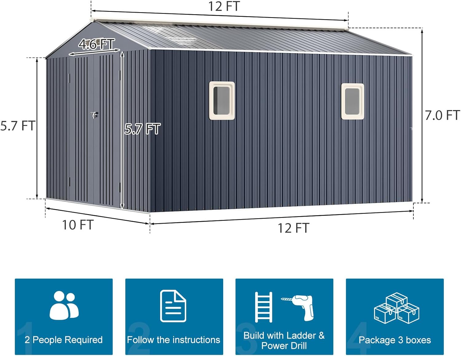 Restland 10x12 FT Metal Storage Shed Reinforced Frame Outdoor Shed with Clear Roof, Air Vent & Lockable Door Large Garden Tool Storage Sheds for Backyard, Garden, Lawn