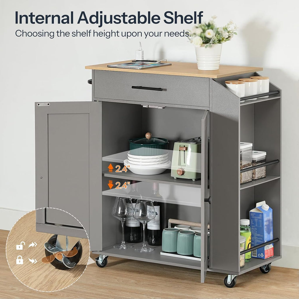HOOBRO Kitchen Island with Power Outlet, Storage Island with Spice Rack and Drawer, Rolling Kitchen Cart on Wheels, for Home, Dining Room, Natural and Gray GN82UZD01