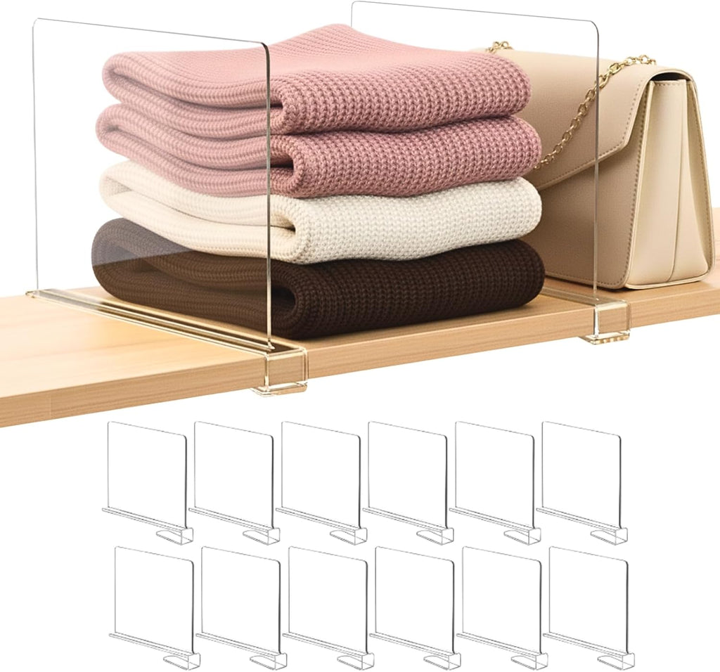 Shelf Dividers Purse Organizer for Closet: 12-Pack Acrylic Bag Storage Organizer for Handbags, Clutches, Clothes, Sweater, Towel on Wood Shelves